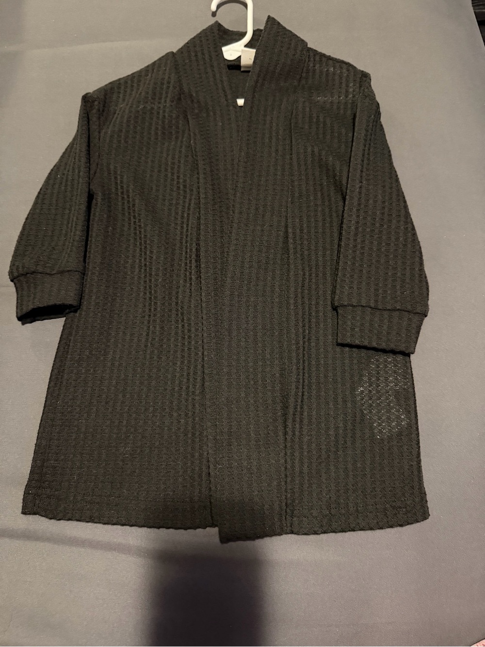 SHEIN Kids Black Waffle-Knit Open Cardigan
